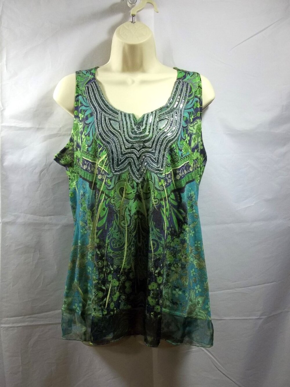 Apt. 9 Womens Sleeveless Tank Top Blouse Size Large Floral Sequins Blue Green